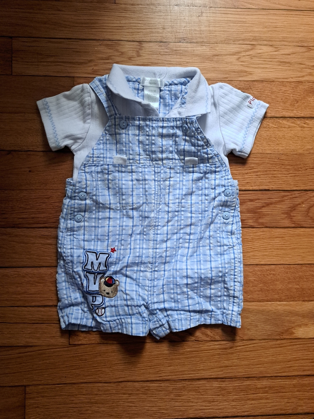 Light Blue Plaid Baby Overalls Romper with White Polo Onesie